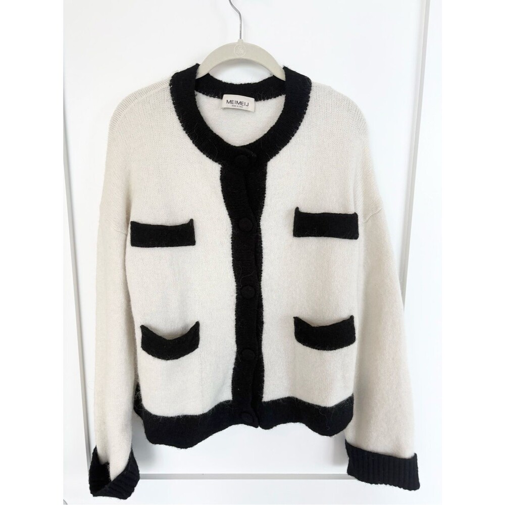MEIMEIJ Italy Cardigan TG46 Black Ivory Trim Alpaca Wool Chanel Style - XL